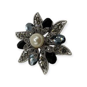 Stunning black/silver rhinestone flower brooch with faux pearl center